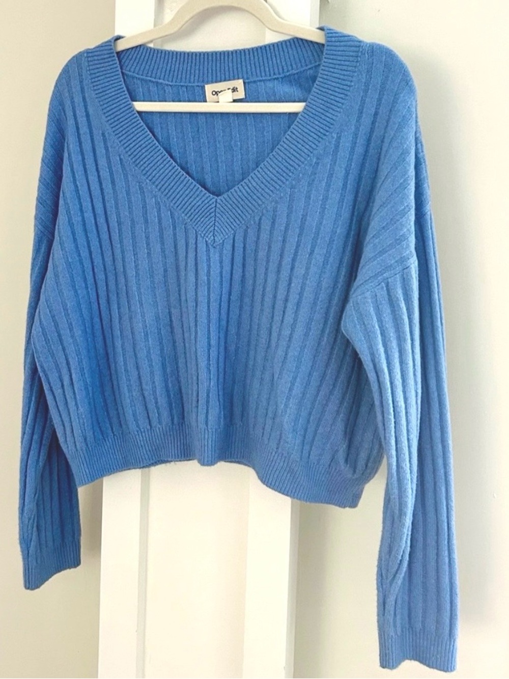 Open Edit Blue V-Neck Ribbed Sweater - Picture 3 of 8